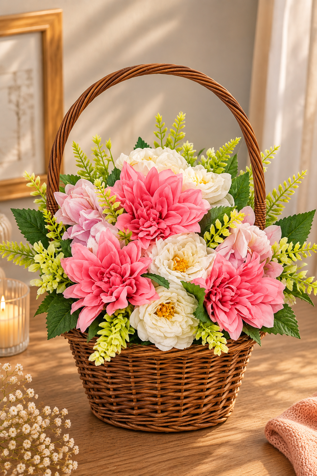 Pink and ivory flowers in a wicker basket