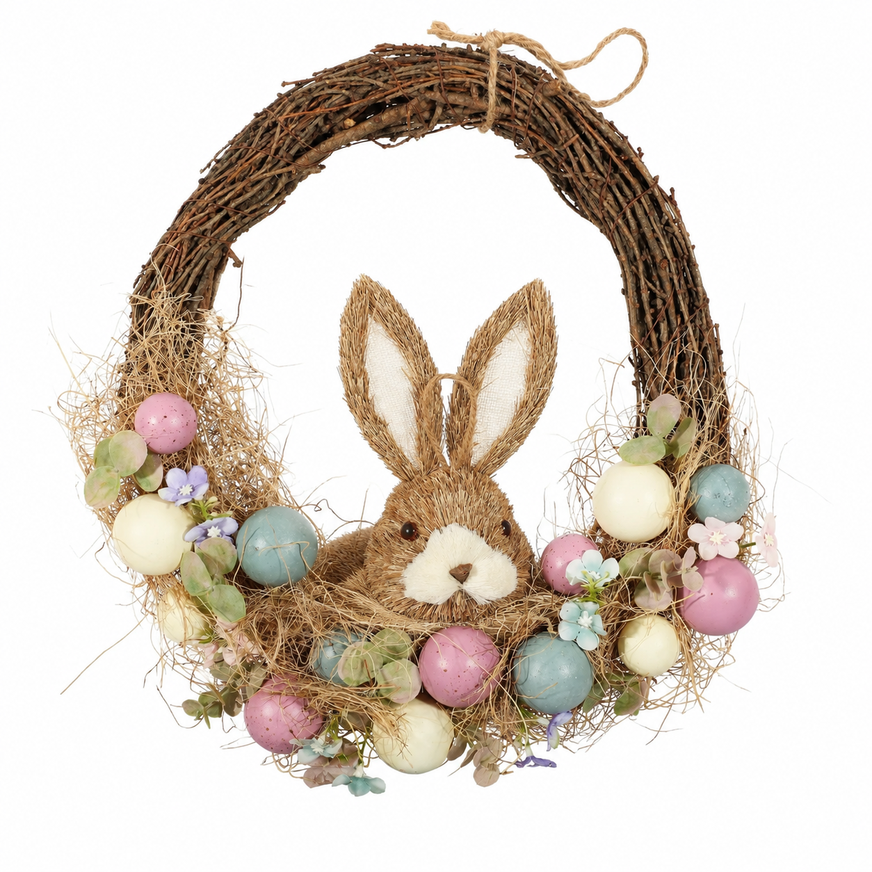 Easter bunny wreath with pastel eggs