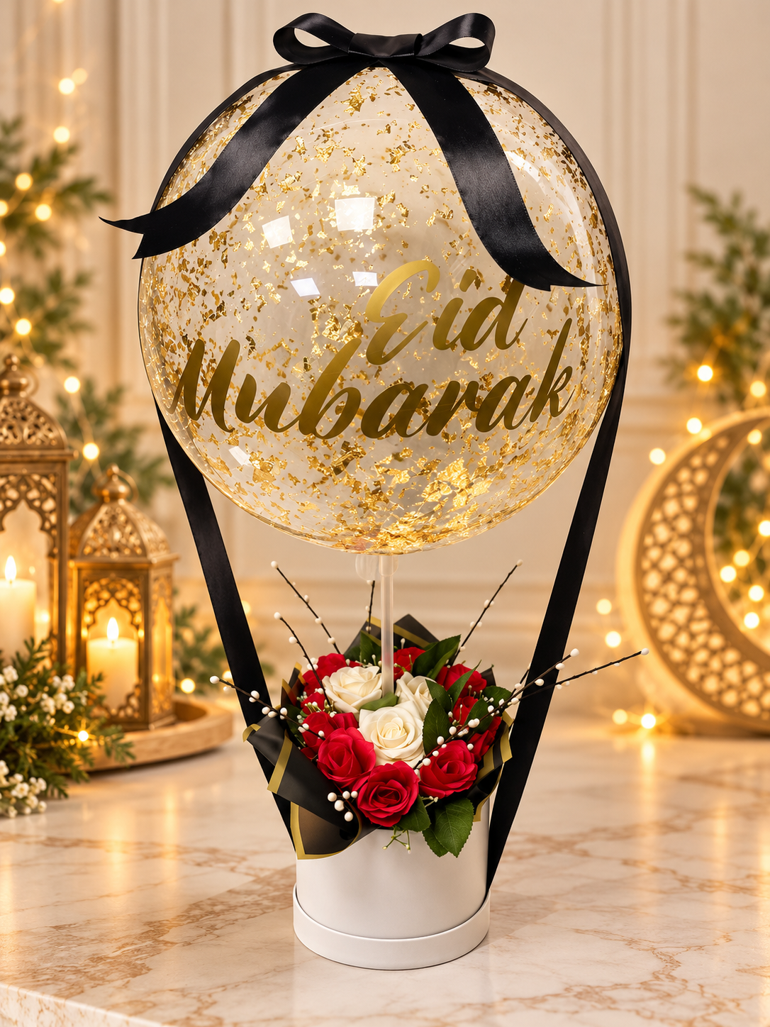 Eid Mubarak balloon with red and ivory roses