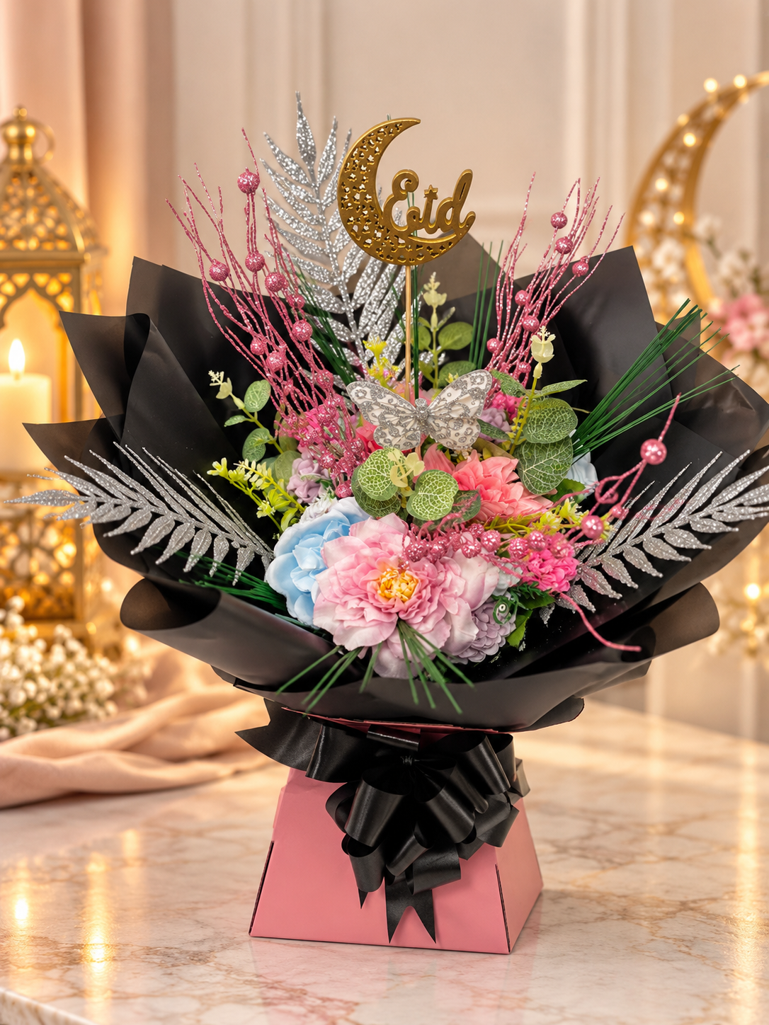 Eid sparkle bouquet with pink and blue flowers