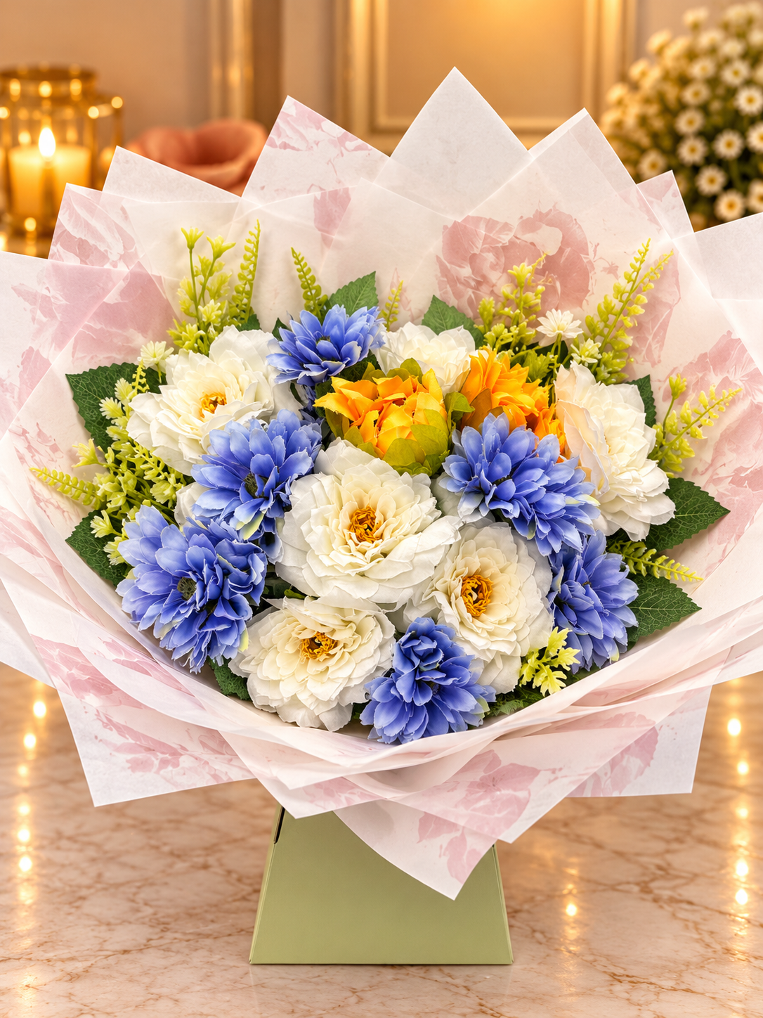 Blue, cream and yellow spring bouquet