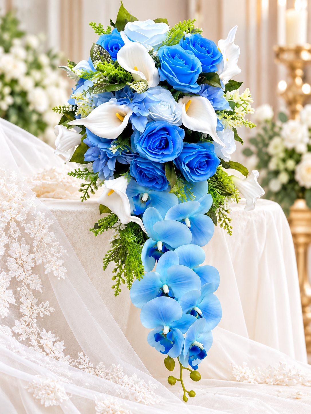 Blue and white cascade bridal bouquet