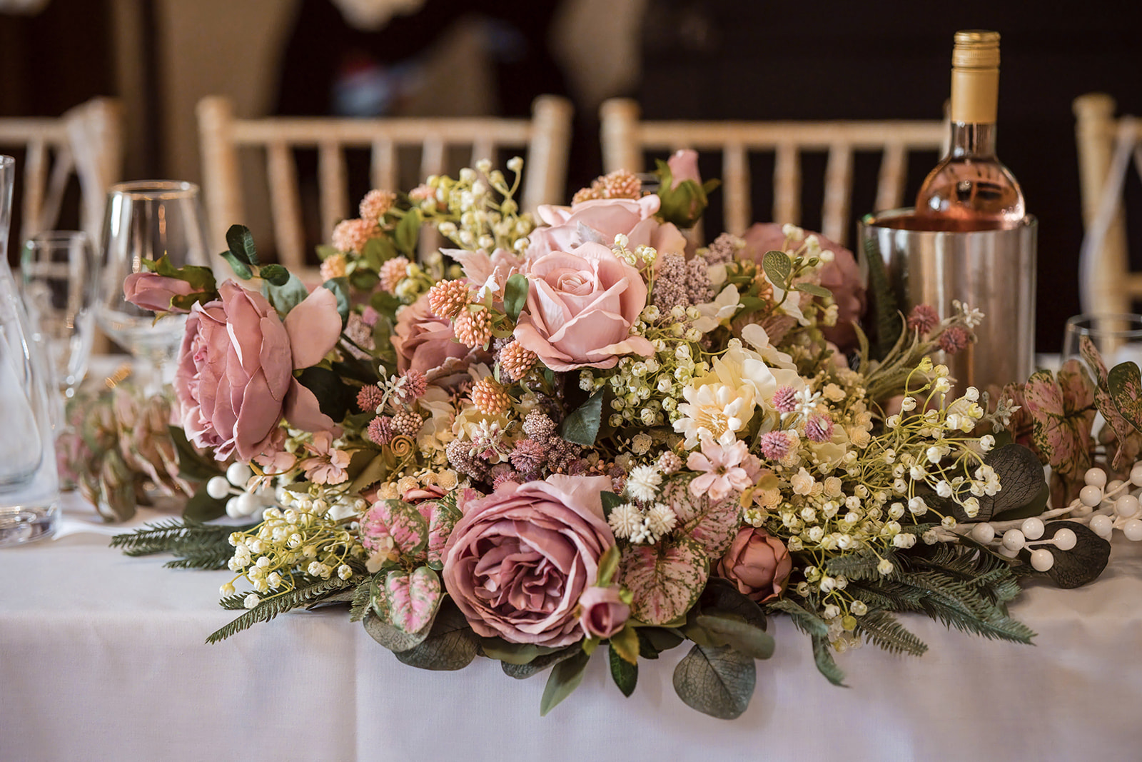 Romantic wedding reception table flowers