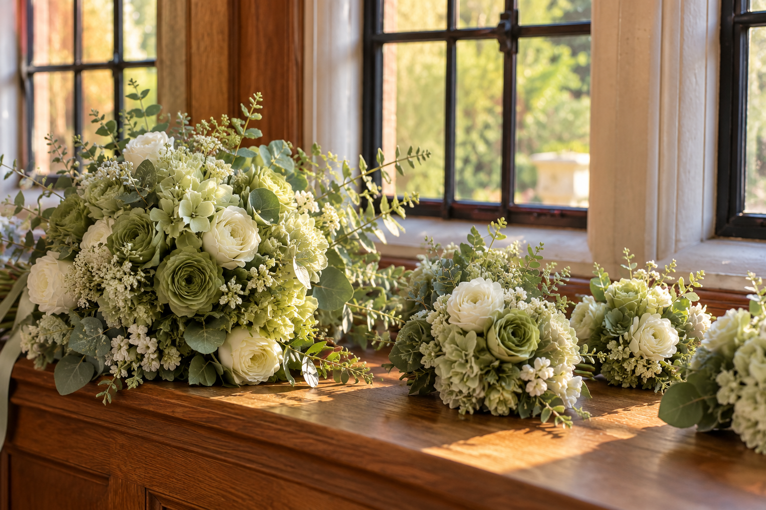 Sage green and ivory bridal party flowers