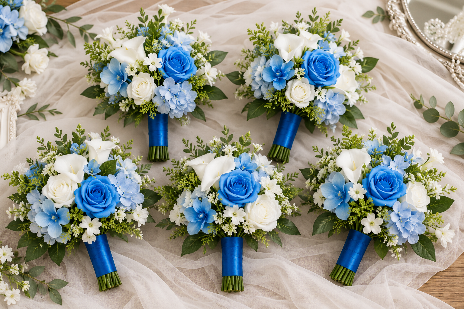 Coordinating blue and white bridesmaid bouquets