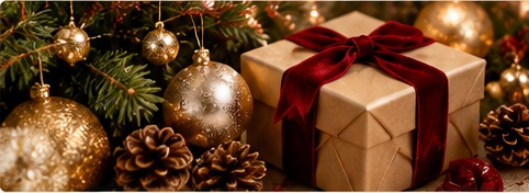 Christmas gift with gold decorations and festive greenery