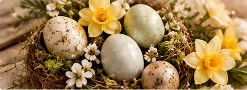 Easter eggs, spring flowers and daffodils