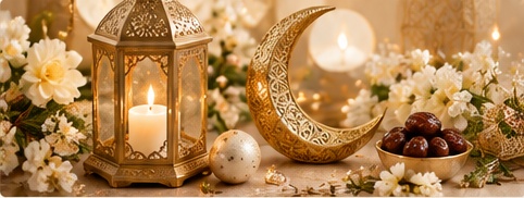 Eid celebration with golden lantern, crescent moon and flowers